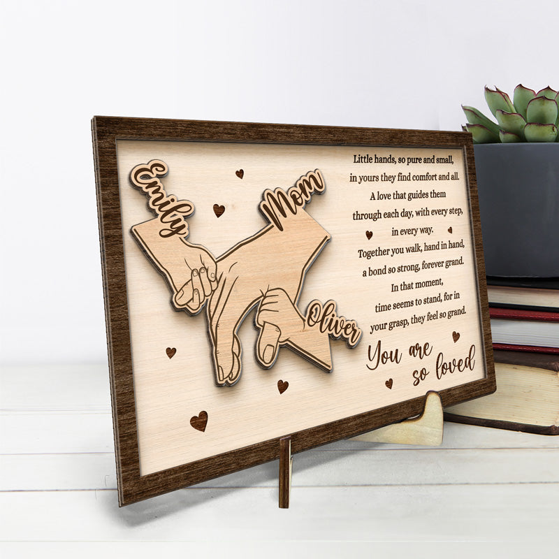 Hand In Hand - Family Personalized Custom 2-Layered Wooden Plaque With Stand - House Warming Gift For Mom