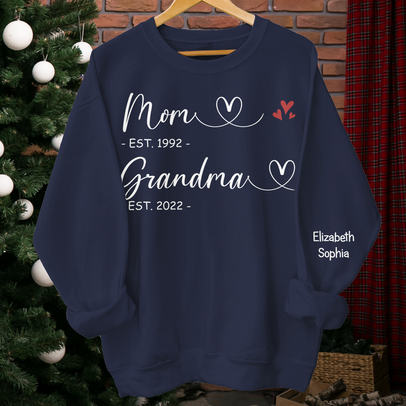 First Mom Now Grandma - Family Personalized Custom Unisex Sweatshirt With Design On Sleeve - Gift For Mom, Grandma