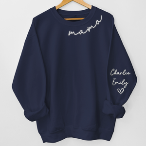 Mama Wears Her Heart On Her Sleeve - Family Personalized Custom Unisex Embroidered Sweatshirt With Design On Sleeve - Mother's Day, Gift For Mom, Grandma