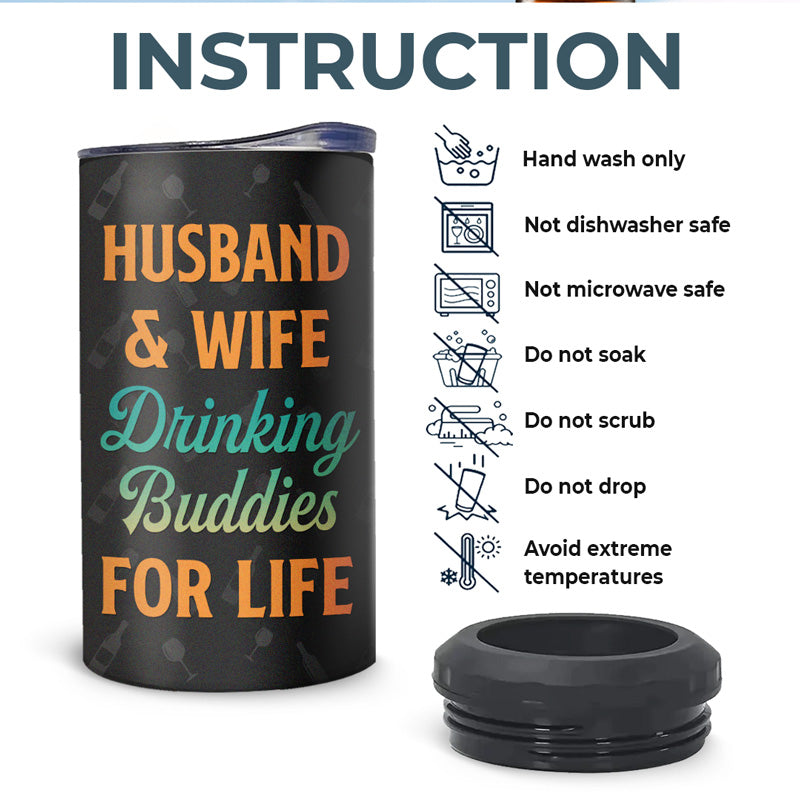 Drinking Buddies Husband Wife - Couple Personalized Custom 4 In 1 Can Cooler Tumbler - Gift For Husband Wife, Anniversary
