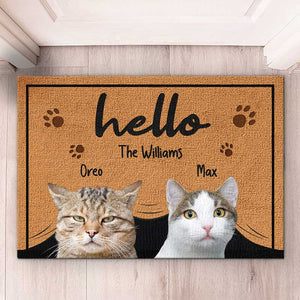 Custom Photo Hello, We're Here - Dog & Cat Personalized Custom Decorative Mat - Gift For Pet Owners, Pet Lovers