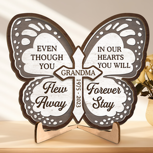 In Our Hearts You Will Forever Stay - Memorial Personalized Custom 2-Layered Wooden Plaque With Stand - Sympathy Gift For Family Members