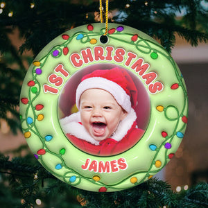 Custom Photo Happy Christmas Baby - Family Personalized Custom Ornament - Ceramic Round Shaped - First Christmas Gift For Baby