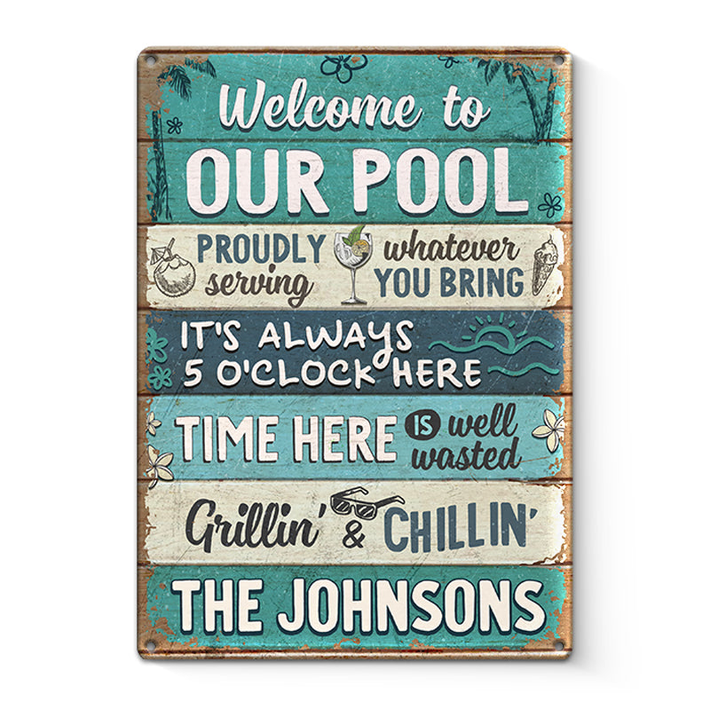 It's Always 5 O'Clock Here - Family Personalized Custom Home Decor Metal Sign - House Warming Gift For Family Members