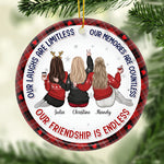 Our Laughs Are Limitless - Bestie Personalized Custom Ornament - Ceramic Round Shaped - Christmas Gift For Best Friends, BFF, Sisters
