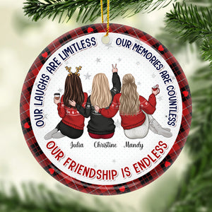 Our Laughs Are Limitless - Bestie Personalized Custom Ornament - Ceramic Round Shaped - Christmas Gift For Best Friends, BFF, Sisters