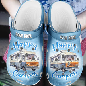 I Am A Happy Camper - Camping Personalized Custom Unisex Clogs, Slide Sandals - Gift For Camping Lovers
