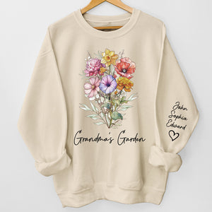 Grandma's Lovely Garden - Family Personalized Custom Unisex Sweatshirt With Design On Sleeve - Birthday Gift For Mom, Grandma