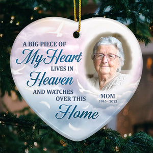 Custom Photo A Big Piece Of My Heart Lives In Heaven - Memorial Personalized Custom Ornament - Ceramic Heart Shaped - Christmas Gift, Sympathy Gift For Family Members