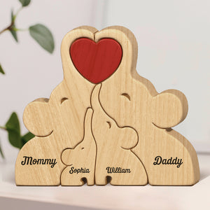 Lovely Family - Family Personalized Custom Elephant Shaped Wooden Art Puzzle - Wooden Pet Carvings, Wood Sculpture Table Ornaments, Carved Wood Decor - Gift For Family Members