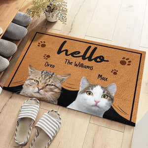 Custom Photo Hello, We're Here - Dog & Cat Personalized Custom Decorative Mat - Gift For Pet Owners, Pet Lovers