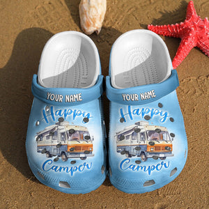 I Am A Happy Camper - Camping Personalized Custom Unisex Clogs, Slide Sandals - Gift For Camping Lovers