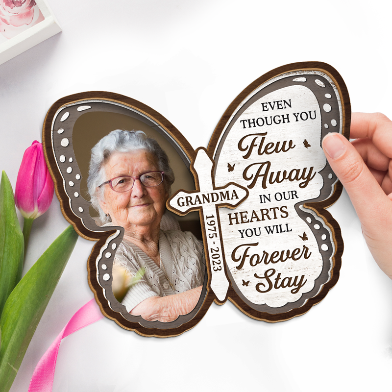 Custom Photo In Our Hearts You Will Forever Stay - Memorial Personalized Custom 2-Layered Wooden Plaque With Stand - Sympathy Gift For Family Members