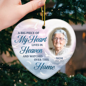 Custom Photo A Big Piece Of My Heart Lives In Heaven - Memorial Personalized Custom Ornament - Ceramic Heart Shaped - Christmas Gift, Sympathy Gift For Family Members