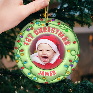 Custom Photo Happy Christmas Baby - Family Personalized Custom Ornament - Ceramic Round Shaped - First Christmas Gift For Baby