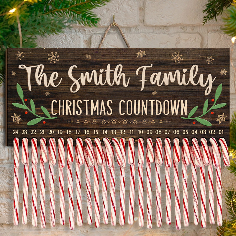 Christmas Kisses And Candy Cane Wishes - Family Personalized Custom Candy Christmas Countdown Wooden Sign, Advent Calendar - Christmas Gift For Family Members