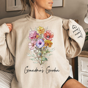 Grandma's Lovely Garden - Family Personalized Custom Unisex Sweatshirt With Design On Sleeve - Birthday Gift For Mom, Grandma