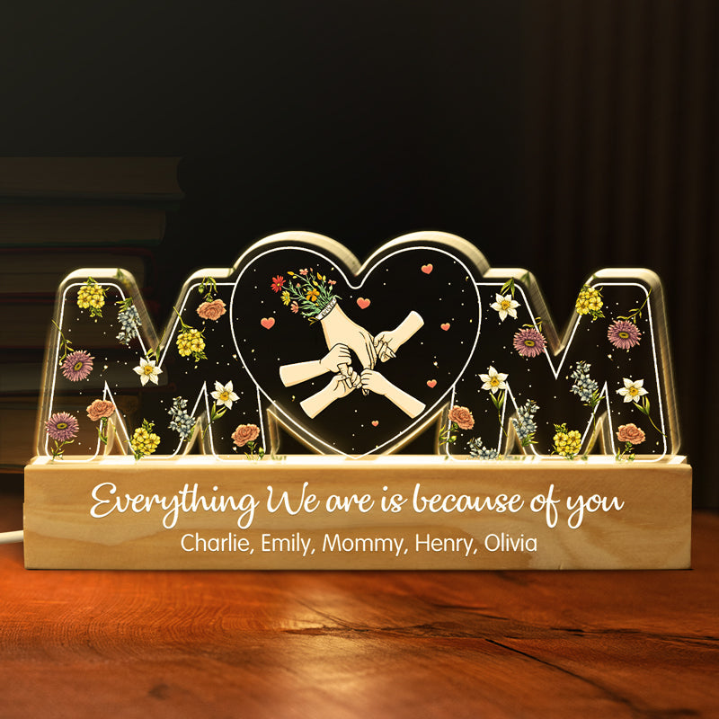 Everything We Are Is Because Of You - Family Personalized Custom Acrylic Letters 3D LED Night Light - Mother's Day, Gift For Mom, Grandma