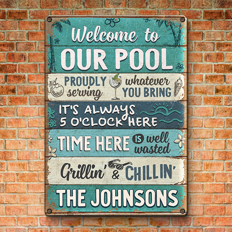 It's Always 5 O'Clock Here - Family Personalized Custom Home Decor Metal Sign - House Warming Gift For Family Members