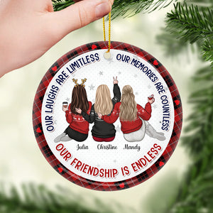 Our Laughs Are Limitless - Bestie Personalized Custom Ornament - Ceramic Round Shaped - Christmas Gift For Best Friends, BFF, Sisters