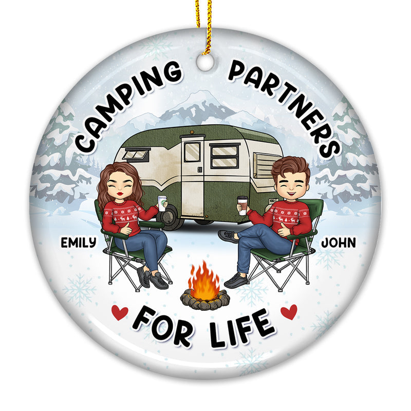 The Campfire Is Our Happy Place - Couple Personalized Custom Ornament - Ceramic Round Shaped - Christmas Gift For Husband Wife, Anniversary, Camping Lovers