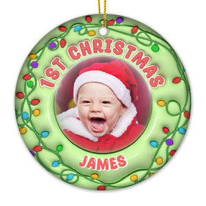 Custom Photo Happy Christmas Baby - Family Personalized Custom Ornament - Ceramic Round Shaped - First Christmas Gift For Baby