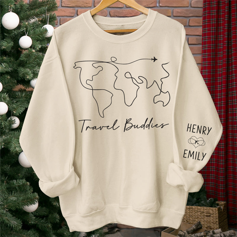 We're On The Vacay Mode - Couple Travel Personalized Custom Unisex Sweatshirt With Design On Sleeve - Holiday Vacation Gift, Gift For Adventure Travel Lovers, Husband Wife, Anniversary