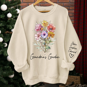 Grandma's Lovely Garden - Family Personalized Custom Unisex Sweatshirt With Design On Sleeve - Birthday Gift For Mom, Grandma