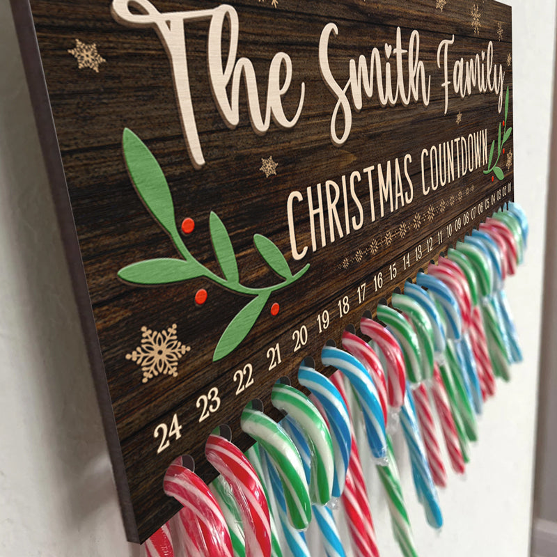 Christmas Kisses And Candy Cane Wishes - Family Personalized Custom Candy Christmas Countdown Wooden Sign, Advent Calendar - Christmas Gift For Family Members