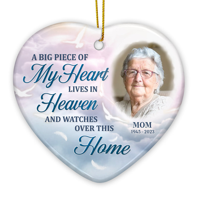 Custom Photo A Big Piece Of My Heart Lives In Heaven - Memorial Personalized Custom Ornament - Ceramic Heart Shaped - Christmas Gift, Sympathy Gift For Family Members