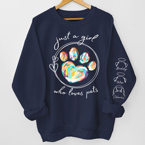 A Girl Who Loves Pets - Dog & Cat Personalized Custom Unisex Sweatshirt With Design On Sleeve - Sympathy Gift, Gift For Pet Owners, Pet Lovers