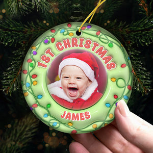 Custom Photo Happy Christmas Baby - Family Personalized Custom Ornament - Ceramic Round Shaped - First Christmas Gift For Baby