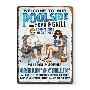 Welcome To Our Poolside Bar & Grill - Couple Personalized Custom Home Decor Metal Sign - House Warming Gift For Husband Wife, Anniversary