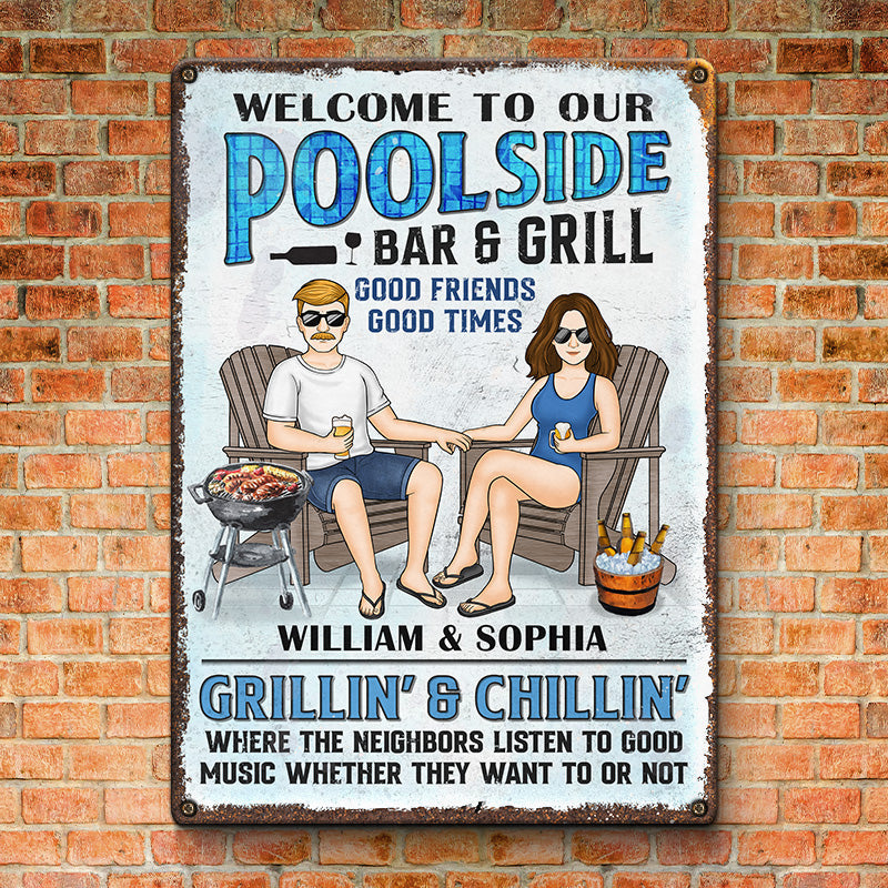 Welcome To Our Poolside Bar & Grill - Couple Personalized Custom Home Decor Metal Sign - House Warming Gift For Husband Wife, Anniversary