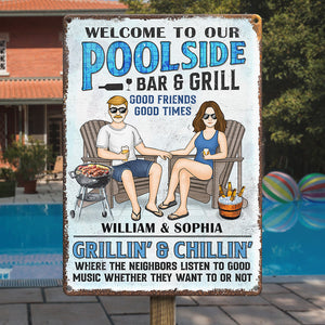 Welcome To Our Poolside Bar & Grill - Couple Personalized Custom Home Decor Metal Sign - House Warming Gift For Husband Wife, Anniversary