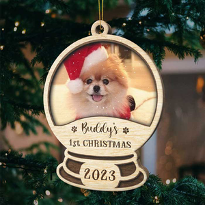 First Christmas Snowball - Upload Pet Photo - Personalized Custom Snow Globe Shaped Wood Christmas Ornament