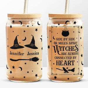 Witches Are Always Connected By Heart - Bestie Personalized Custom Glass Cup, Iced Coffee Cup - Halloween Gift For Best Friends, BFF, Sisters