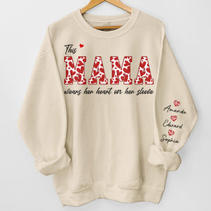 This Mama Wears Her Heart On Her Sleeve - Family Personalized Custom Unisex Sweatshirt With Design On Sleeve - Birthday Gift For Mom, Grandma