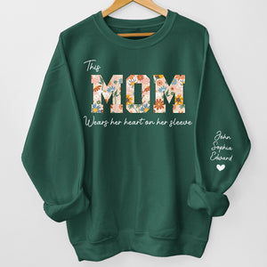 This Mom Wears Her Heart On Her Sleeve - Family Personalized Custom Unisex Sweatshirt With Design On Sleeve - Birthday Gift For Mom, Grandma