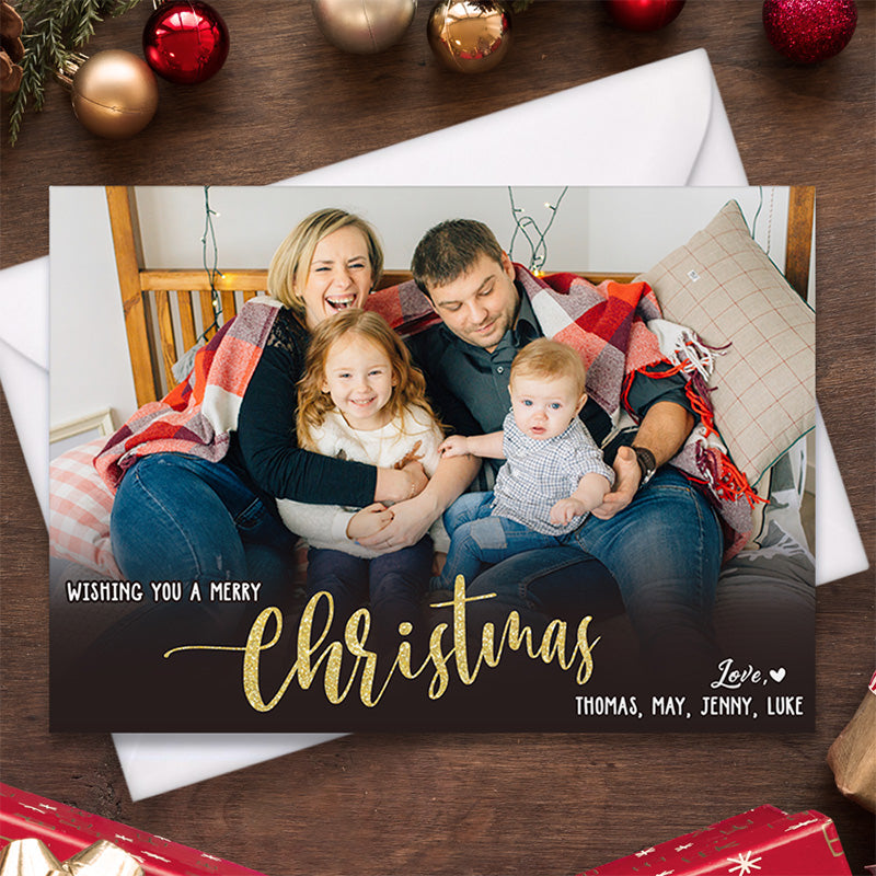 Custom Photo Wishing A Merry Christmas - Family Personalized Custom Holiday Postcards, Greeting Cards - Christmas Gift For Family Members