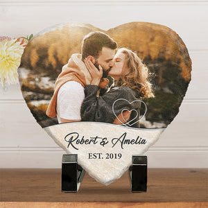 Custom Photo Stay With Me Forever - Couple Personalized Custom Heart Shaped Rock Slate - Gift For Husband Wife, Anniversary