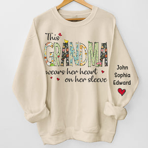 Wears Her Heart On Her Sleeve - Family Personalized Custom Unisex Sweatshirt With Design On Sleeve - Christmas Gift For Mom, Grandma