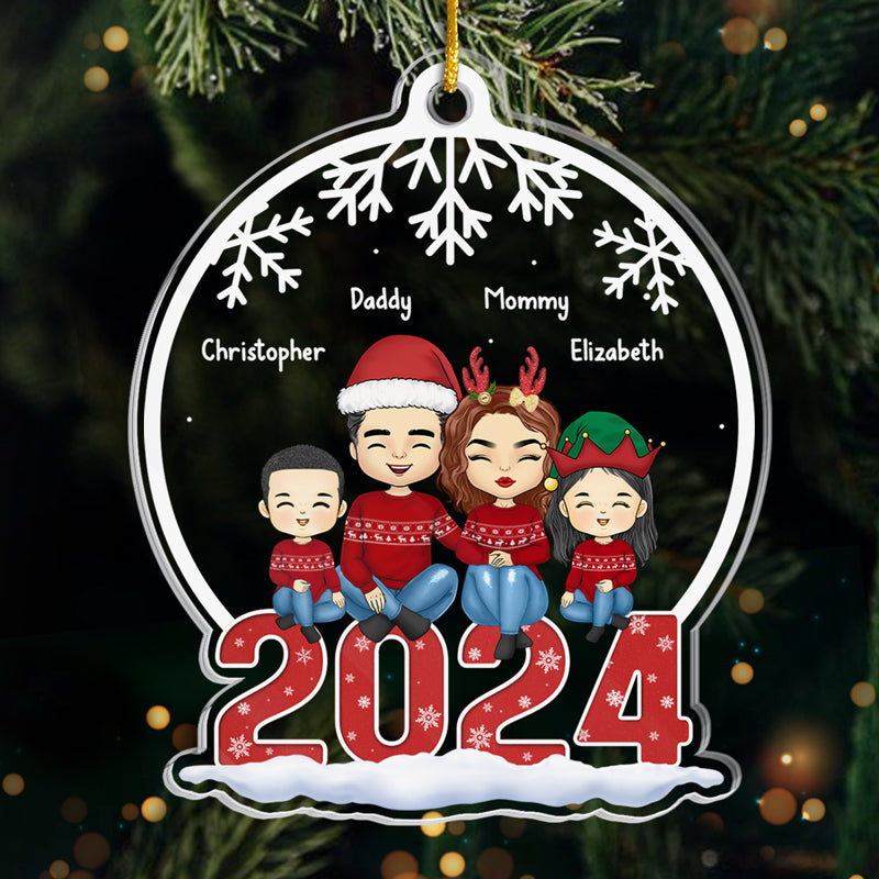 Family Sitting Together - Family Personalized Custom Ornament - Acrylic Snow Globe Shaped - Christmas Gift For Family Members