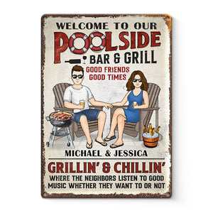 Welcome To The Poolside Bar & Grill - Couple Personalized Custom Home Decor Metal Sign - House Warming Gift For Husband Wife, Anniversary