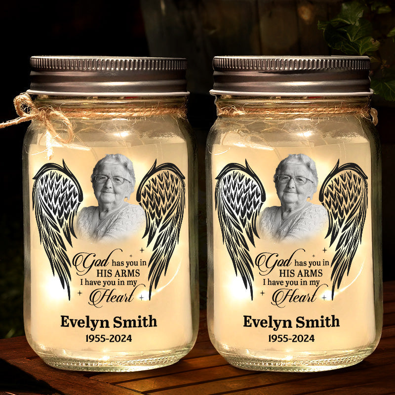 Custom Photo God Has You In His Arms - Memorial Personalized Custom Mason Jar Light - Sympathy Gift For Family Members