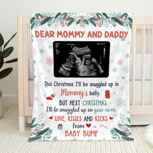 Custom Photo Kisses And Kicks From Baby Bump - Family Personalized Custom Baby Blanket - Baby Shower Gift, First Christmas Gift, Christmas Gift For First Parents