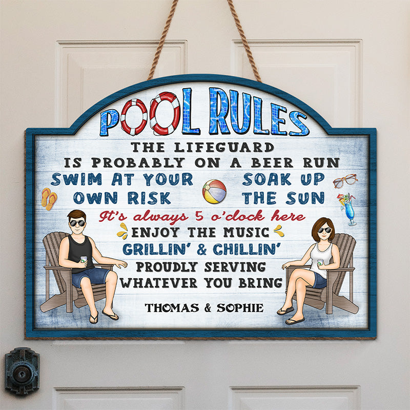 Pool Rules Grillin' & Chillin' - Couple Personalized Custom Shaped Home Decor Wood Sign - House Warming Gift For Husband Wife, Annivesary