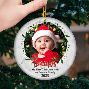 My First Christmas With My Forever Family - Personalized Custom Round Shaped Ceramic Christmas Ornament - Upload Image, Gift For Pet Lovers, Christmas Gift