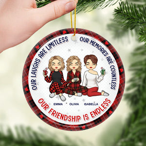 Our Laughs Are Limitless - Bestie Personalized Custom Ornament - Ceramic Round Shaped - Christmas Gift For Best Friends, BFF, Sisters