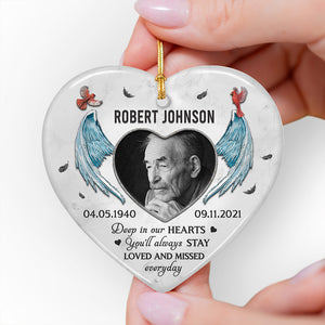 Custom Photo You’ll Always Stay Loved And Missed - Memorial Personalized Custom Ornament - Ceramic Heart Shaped - Christmas Gift, Sympathy Gift For Family Members